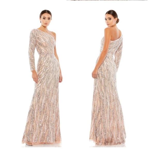 Mac Duggal Embellished One Shoulder Sequin Gown Rose Gold Size 10 NWT - Picture 5 of 14
